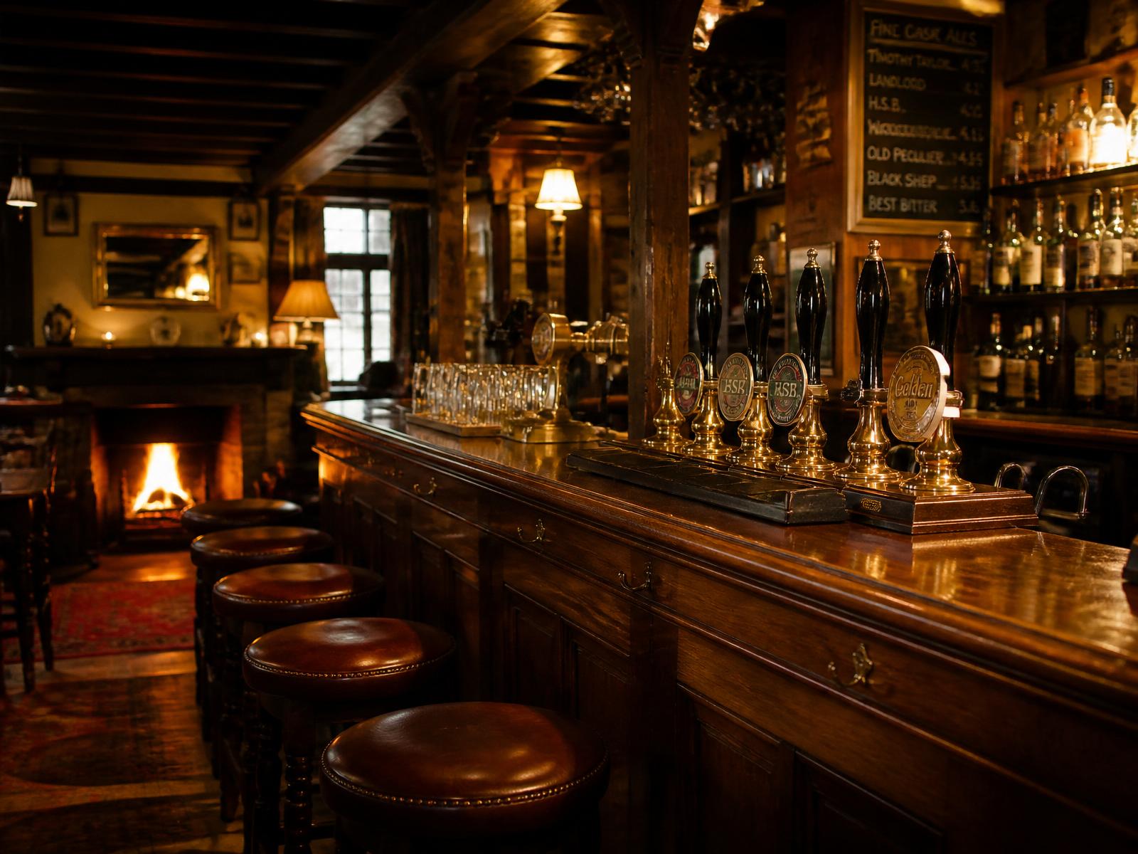 Traditional British pub interior with brass hand pulls and roaring fireplace